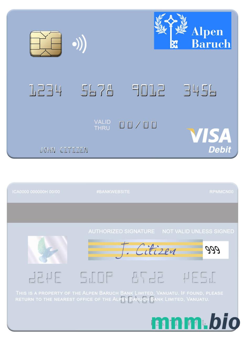 Vanuatu Alpen Baruch Bank Limited visa debet karta przykład w formacie PSD